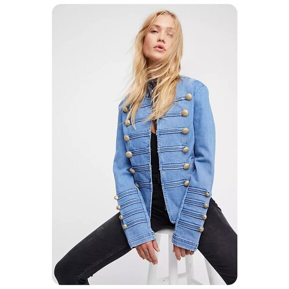 Free People Fitted Military Indigo Blue Denim Jacket sz M